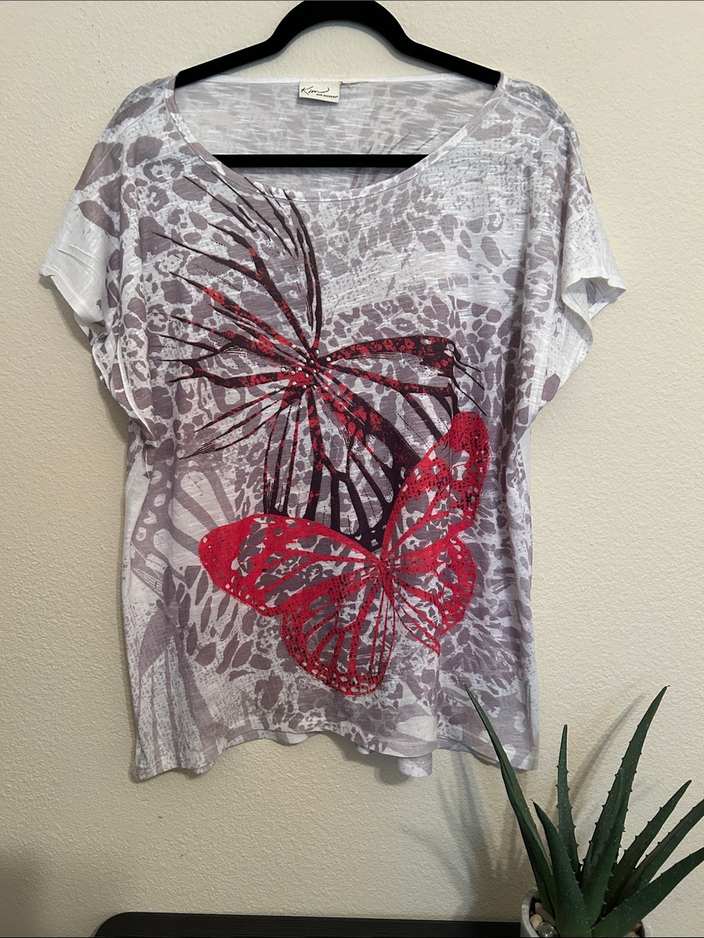 Kim Rogers White Tee with Red & Gray Butterfly Print